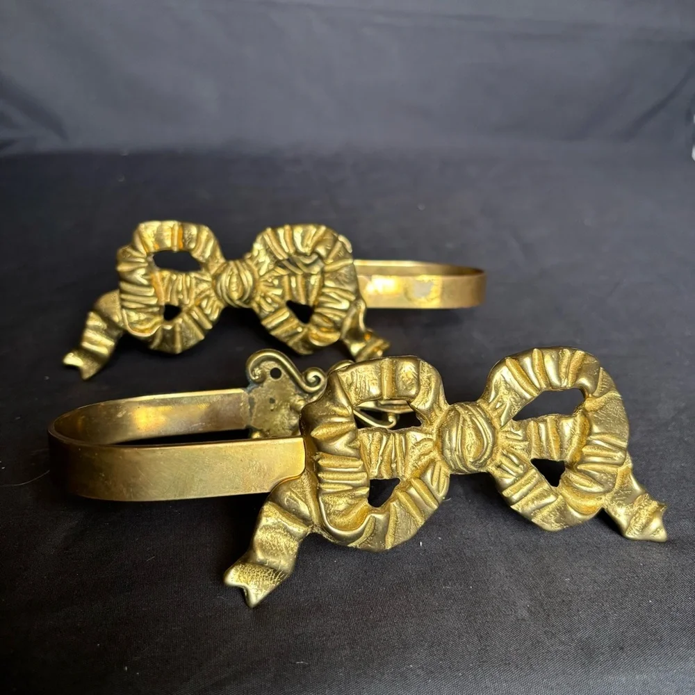 Andre by Sadek set of 2 Vintage Brass Curtain Tiebacks Gold Bow Ribbon Design